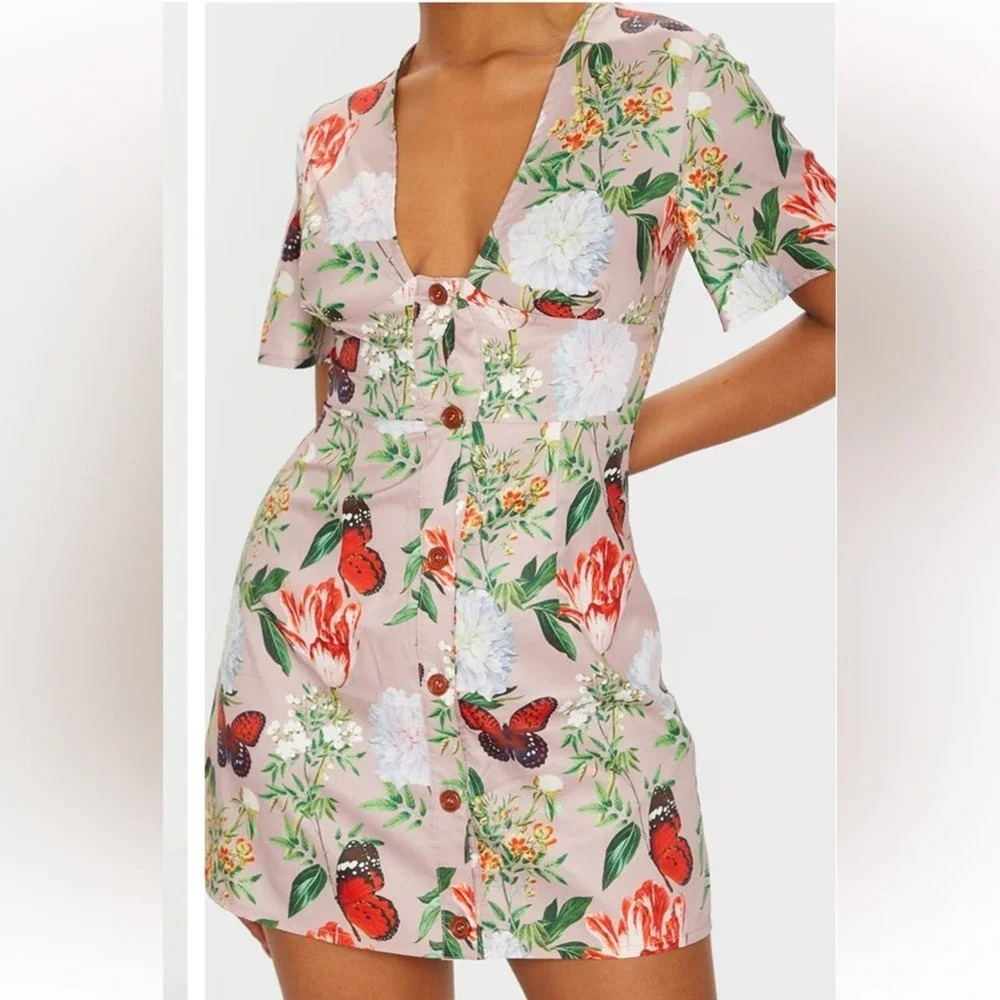 NEW PrettyLittleThing Beige Floral Print Criss Cross Button Bodycon Dress Size 2